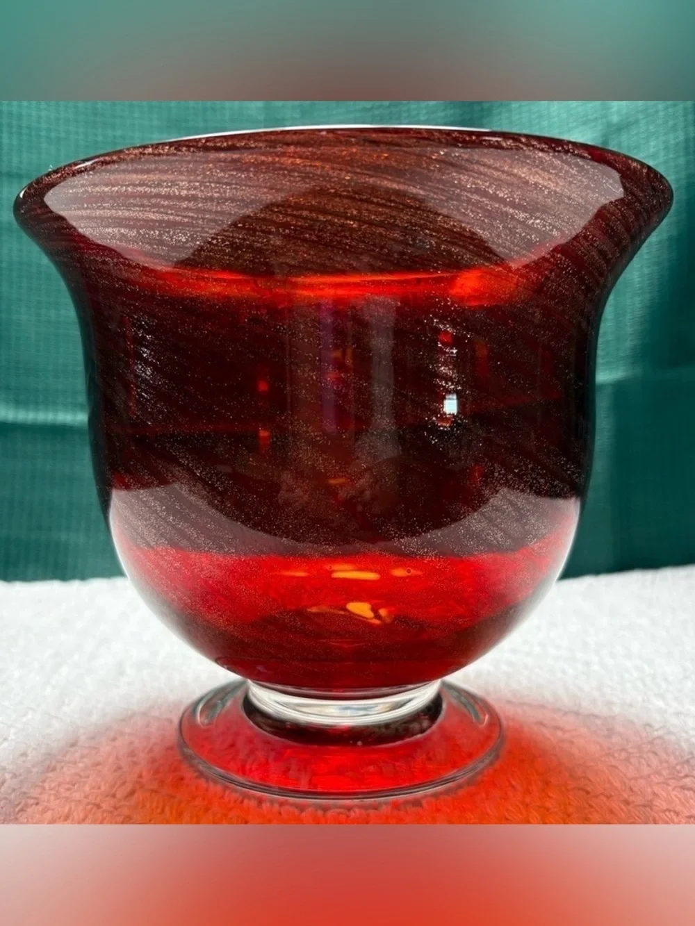 Red Swirl Decorative Footed Vase Made of Red Art Glass with Metallic Sparkles